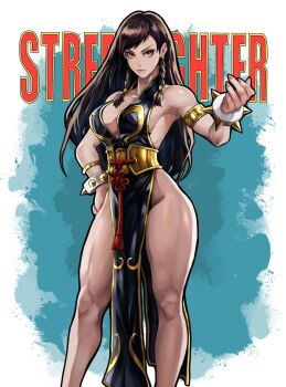 Rule 34 | 1girl, armpits, bracelet, breasts, brown hair, capcom, china dress, chinese clothes, chun-li, collarbone, commentary request, dress, highres, jewelry, looking at viewer, pelvic curtain, spiked bracelet, spikes, street fighter, thick thighs, thighs, to-ru