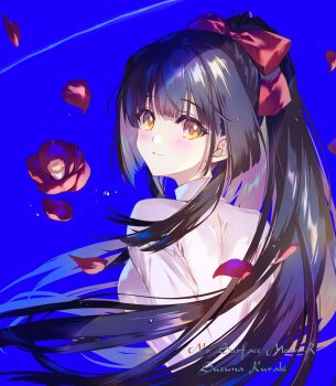 1girl black_hair blush camellia character_name copyright_name flower kao_no_nai_tsuki kuraki_suzuna long_hair long_sleeves looking_at_viewer mimizuku_auru sidelocks simple_background solo sweater upper_body yellow_eyes