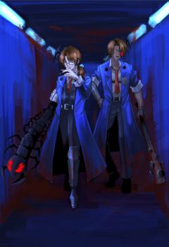 2boys absurdres aedd_(e.g.o) alternate_costume ameyu2810 amputee arthropod_limbs baseball_bat beard_stubble belt between_fingers black-framed_eyewear black-framed_glasses black_pants black_vest blood blood_on_arm blood_on_clothes blood_on_face blood_on_ground blood_on_wall blood_splatter blood_stain bloody_weapon blue_coat blue_horns brown_hair buckle bug bug_arm cigarette coat dress_shirt e.g.o_(project_moon) extra_eyes facial_hair facial_scar formal_clothes full_body glasses glowing glowing_eye gregor_(project_moon) grin hair_intakes hallway heathcliff_(project_moon) heterochromia highres holding holding_baseball_bat holding_cigarette horns horror_(theme) indoors joints lapels limbus_company long_coat long_hair long_sleeves looking_at_viewer low_ponytail male_focus mechanical_arms mechanical_eyes metal_baseball_bat multiple_boys nail_(hardware) nail_bat nails necktie notched_lapels official_alternate_costume open_clothes open_coat pants parted_bangs photoshop_(medium) ponytail project_moon prosthesis prosthetic_arm prosthetic_leg purple_eyes red_eyes red_necktie scar scar_on_arm scar_on_cheek scar_on_face scar_on_neck scars_all_over semi-rimless_eyewear shirt shock_centipede_(project_moon) short_hair single_mechanical_arm single_mechanical_eye sleeves_rolled_up smile smoke smoking standing stubble suit too_many under-rim_eyewear vest weapon white_shirt yellow_eyes