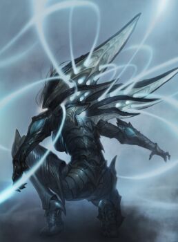 1girl back black_hair carapace exoskeleton firing high_heels highres jung_myung_lee kai'sa league_of_legends long_hair missiles smoke solo squatting