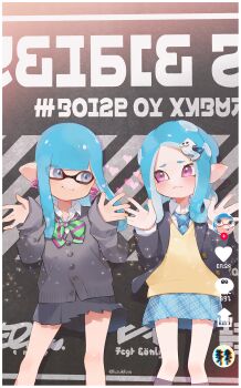 2girls black_skirt blazer blue_hair blue_jacket blue_necktie blue_skirt blunt_bangs border bow bowtie cardigan clenched_teeth closed_mouth collared_shirt commentary_request earrings fake_screenshot fuzuki_fuuro green_bow green_bowtie grey_cardigan grey_eyes hair_ornament hairclip hands_up highres inkling inkling_girl inkling_player_character jacket jewelry long_hair long_sleeves looking_at_another medium_hair miniskirt multiple_girls necktie nintendo octoling octoling_girl octoling_player_character open_clothes open_hands open_jacket pink_bow pink_bowtie pink_eyes plaid_clothes plaid_skirt pleated_skirt pointy_ears school_uniform shirt skirt smile splatoon_(series) splatoon_2 striped_bow striped_bowtie striped_clothes sweater_vest teeth tentacle_hair two-tone_bow two-tone_bowtie user_interface white_border white_shirt yellow_sweater_vest