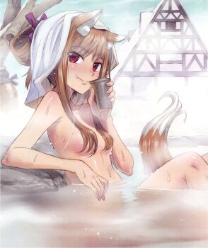 Rule 34 | 1girl, animal ear fluff, animal ears, blush, breasts, brown hair, brown tail, closed mouth, convenient hair, cropped, cup, fang, fang out, hair over breasts, half-timbered, highres, holding, holding cup, holo, koume keito, long hair, looking at viewer, nude, official art, onsen, outdoors, partially submerged, red eyes, sitting, small breasts, smile, spice and wolf, tail, towel, towel on head, winter, wolf ears, wolf girl, wolf tail