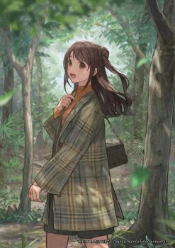 1girl absurdres bag brown_eyes brown_hair coat copyright_notice cowboy_shot foliage forest hair_bun hashtag-only_commentary high_collar highres idolmaster idolmaster_cinderella_girls jewelry long_hair looking_at_viewer nature official_art open_mouth orange_sweater outdoors plaid_clothes plaid_coat ring shimamura_uzuki shoulder_bag solo sweater teeth tree upper_teeth_only utaka_(anyoanyot)