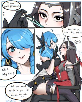 2girls absurdres ahoge bare_shoulders black_bow black_gloves bow breasts dress drill_hair gloves green_eyes green_hair gwen_(league_of_legends) hair_bow highres holding irelia large_breasts league_of_legends long_hair looking_at_viewer marydjiang meme multiple_girls on_lap teeth twin_drills twintails