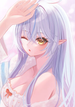 1girl absurdres ahoge blue_hair blush breasts camisole cleavage commentary_request elf heart heart_ahoge highres hololive large_breasts long_hair looking_at_viewer multicolored_hair official_alternate_costume one_eye_closed open_mouth pointy_ears ruo1001 sidelocks solo streaked_hair very_long_hair virtual_youtuber white_camisole yellow_eyes yukihana_lamy yukihana_lamy_(roomwear)