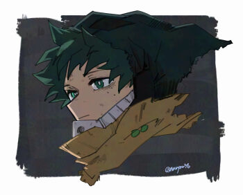 Rule 34 | 1boy, :|, bags under eyes, boku no hero academia, border, closed mouth, commentary, freckles, from side, green eyes, green hair, hood, hood up, male focus, midoriya izuku, navyou38, scarf, short hair, solo, twitter username, white border, yellow scarf