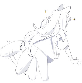 Rule 34 | 1girl, absurdres, afterimage, animal ears, ass, bare shoulders, commentary request, cropped legs, facing away, highres, leaning forward, monochrome, no panties, off shoulder, original, riya (01214), shirt, short sleeves, simple background, solo, sparkle, spot color, tail, tail wagging, white background