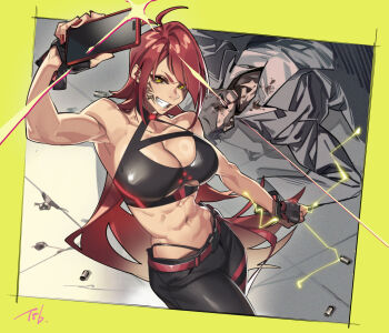 Rule 34 | 1girl, abs, bare shoulders, breasts, cleavage, commentary request, copyright request, fingerless gloves, gloves, highres, holding, holding phone, long hair, midriff, navel, pants, phone, red hair, selfie, taisowbukurow, yellow eyes