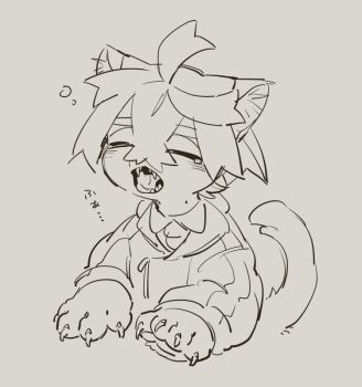 1boy ahoge animal_ear_fluff animal_ears animal_hands body_fur bubble cat_boy cat_ears cat_tail closed_eyes collared_shirt commentary_request crossed_bangs fangs fewer_digits fingernails greyscale hairband jacket kemonomimi_mode kieran_(pokemon) long_sleeved_jacket long_sleeves lunchbox_(artist) male_focus mole mole_on_neck monochrome necktie nintendo open_mouth paw_print pawpads pokemon pokemon_(creature) pokemon_sv sharp_claws sharp_fingernails shirt short_hair sleepy solo striped_clothes striped_jacket tail tearing_up tongue upper_body waking_up yawning