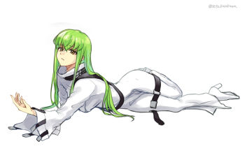 1girl bodysuit brown_eyes c.c. code_geass full_body green_hair hair_between_eyes long_hair long_sleeves lying on_side parted_lips setu_kurokawa simple_background sketch solo straight_hair twitter_username very_long_hair white_background white_bodysuit white_footwear wide_sleeves