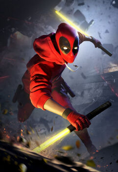 1boy 3d absurdres blurry blurry_background child commentary deadpool_(movie) deadpool_(series) debris energy_sword english_commentary fantasy gloves guoxiaochen highres hood hoodie kidpool lightsaber looking_at_viewer male_focus marvel marvel red_gloves red_hoodie rubble solo sword weapon x-men x-men_film_series yellow_lightsaber