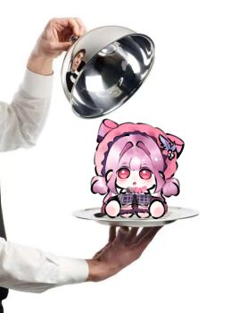 Rule 34 | 1boy, 1girl, :o, bare shoulders, black socks, blunt bangs, bow, bowtie, chibi, chinese commentary, choker, commentary request, country lolita, double bun, fengmi youzi hua, frilled headwear, frilled wrist cuffs, frills, fur choker, grey choker, hair bun, hair intakes, hands on own knees, hat, hat bow, hat ornament, highres, infinity nikki, kneehighs, knees up, leaf hat ornament, light blush, lolita fashion, long hair, looking at viewer, low twintails, mini person, minigirl, nikki (series), official alternate color, on plate, open mouth, photo inset, pink bow, pink bowtie, pink eyes, pink hair, pink hat, pink shoes, pink wrist cuffs, plaid clothes, plaid socks, shoes, sidelocks, simple background, single stripe, sitting, socks, striped bow, tareme, twintails, very long hair, waiter, wavy hair, whispers of bliss (infinity nikki), white background, wrist cuffs