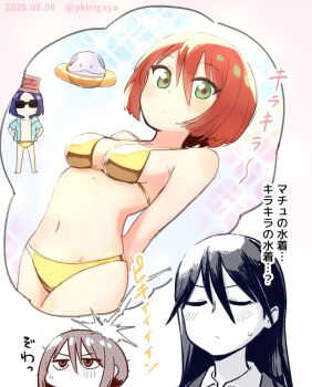 1boy 2girls amate_yuzuriha artist_name bikini breasts commentary_request cowboy_shot dated gold_bikini gold_male_swimwear green_eyes gundam gundam_gquuuuuux haro imagining kirigaya_yuuji male_swimwear medium_breasts monochrome multiple_girls navel nyaan_(gundam_gquuuuuux) red_hair short_hair shuji_ito sunglasses swim_briefs swimsuit translation_request twitter_username upper_body
