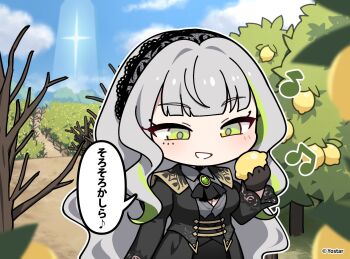 Rule 34 | 1girl, ascot, black ascot, black hairband, black jacket, black skirt, breasts, cleavage, collared shirt, commentary request, copyright logo, copyright name, copyright notice, firenze (stella sora), food, fruit, green eyes, green streaks, grey hair, grey shirt, grin, hairband, highres, holding, holding food, holding fruit, jacket, lace hairband, large breasts, lemon, logo, long hair, official art, open clothes, open jacket, shirt, skirt, smile, solo, speech bubble, stella sora, translation request, very long hair, wavy hair