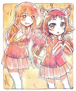+_+ 2girls ? animal_ears blush drooling long_hair long_sleeves mikakunin_de_shinkoukei mitsumine_mashiro monochrome multiple_girls open_mouth pleated_skirt red_theme sakino_shingetsu school_uniform skirt sleeves_past_wrists sneaky tail yonomori_benio