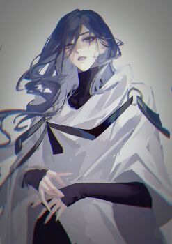 1girl black_bodysuit blue_eyes blue_hair bodysuit chief_(path_to_nowhere) chromatic_aberration cloak commentary covered_collarbone female_chief_(path_to_nowhere) gradient_background grey_background hair_behind_ear hair_between_eyes highres long_hair looking_at_viewer looking_down own_hands_together parted_lips path_to_nowhere qingci sleeves_past_wrists solo upper_body white_cloak