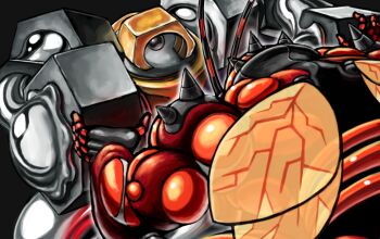 Rule 34 | antennae, black background, buzzwole, commentary request, gen 7 pokemon, insect wings, kaosu (kaosu0905), melmetal, metal skin, muscular, mythical pokemon, nintendo, no humans, nut (hardware), one-eyed, pokemon, pokemon (creature), pokemon focus, simple background, spikes, ultra beast, wings