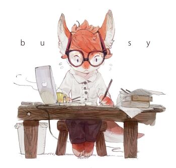 1other body_fur book commentary_request computer english_text flying_sweatdrops full_body furry glasses laptop nagabe original paper red_fur shirt simple_background sitting solo stool table tail white_background writing