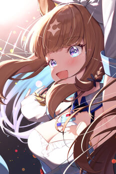 1girl almond_eye_(umamusume) arm_up armpits blue_eyes blush braid breasts brown_hair chest_jewel cleavage collarbone commentary_request detached_sleeves hair_ornament hairband highres long_hair multicolored_hair open_mouth portrait saboten_mushi simple_background solo stage two-tone_hair umamusume