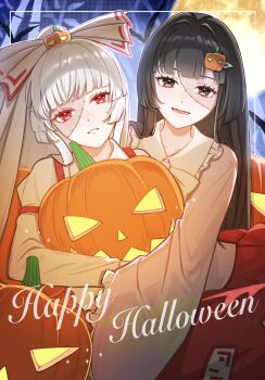 2girls black_hair bow bowtie brown_eyes collared_shirt commentary english_text frilled_shirt_collar frills fujiwara_no_mokou full_moon grey_hair hair_ornament happy_halloween highres houraisan_kaguya hug jack-o&#039;-lantern jack-o&#039;-lantern_hair_ornament long_hair long_sleeves looking_at_viewer luuu_u_u moon multiple_girls ofuda ofuda_on_clothes open_mouth pants patchwork_skin pink_shirt red_eyes red_pants shirt smile suspenders touhou very_long_hair white_bow white_bowtie white_shirt wide_sleeves zombie_costume