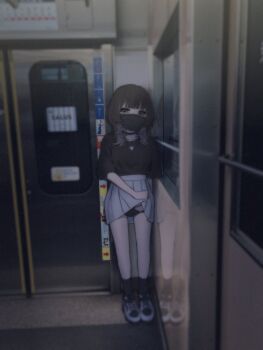 Rule 34 | 1girl, black mask, black panties, black shirt, black socks, choker, clothes lift, collarbone, covered face, female focus, female pervert, green eyes, green hair, half-closed eyes, heart, heart necklace, highres, jewelry, leaning back, lifting own clothes, looking at viewer, mask, mbt64kmb, necklace, original, panties, pervert, pleated skirt, public indecency, shirt, shoes, short sleeves, skirt, skirt lift, socks, solo, standing, strap, train, train interior, underwear, white shoes, white skirt