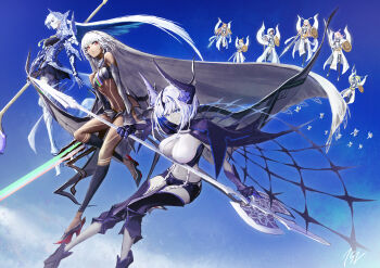 152_in_can 6+girls absurdres altera_(fate) armor armored_dress aslaug_(fate) aunt_and_niece bare_shoulders black_capelet black_footwear black_gloves black_hair black_shorts blonde_hair blue_eyes blue_hair blue_sky breasts brynhild_(fate) brynhild_(third_ascension)_(fate) capelet choker cleavage colored_inner_hair dark-skinned_female dark_skin detached_sleeves dress energy_spear energy_weapon energy_wings fate/grand_order fate:lost_einherjar fate_(series) gauntlets geirskogul_(fate) gloves green_hair grey_footwear hair_ornament head_wings headpiece highres hildr_(fate) holding holding_polearm holding_weapon hood hooded_capelet horns large_breasts long_hair looking_at_viewer medium_breasts mother_and_daughter multicolored_hair multiple_girls navel olrun_(fate) orange_hair ortlinde_(fate) photon_ray_(fate) pink_hair polearm purple_eyes red_eyes rindr_(fate) shield short_hair shorts skirt sky small_breasts spear stomach tattoo thrud_(fate) twintails two-tone_hair valkyrie_(fate) veil very_long_hair weapon white_capelet white_hair winged_hair_ornament wings yellow_wings