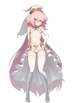 1girl absurdres blush breasts bridal_veil bride flower full_body hair_flower hair_ornament highres long_hair navel original panties pink_hair rikudo_yayoi sawtatsu small_breasts solo tachi-e thighhighs underwear veil very_long_hair white_panties white_thighhighs yellow_eyes