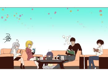 10s 1boy 4girls ahoge akebono_(kancolle) alternate_costume bell black_hair black_legwear black_skirt blonde_hair blouse blue_eyes blue_pants blunt_bangs blush book breasts brown_hair brown_shirt crossed_legs dog_tags dress flower glasses grey_pants hair_bell hair_flower hair_ornament hair_ribbon holding holding_book i-8_(kancolle) jingle_bell kaga_(kancolle) kamio_reiji_(yua) kantai_collection large_breasts long_hair lounge low_twintails multiple_girls murakumo_(kancolle) pants parody purple_eyes purple_hair reading ribbon shirt side_ponytail sidelocks signature silver_hair skirt smile smoking socks table tokyo_ghoul tokyo_ghoul:re twintails very_long_hair white_shirt yua_(checkmate)