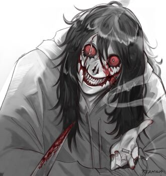 :d ahoge androgynous artist_name backlighting blood blood_on_face bloody_knife cigarette colored_sclera commentary creepypasta double-parted_bangs drawstring english_commentary glasgow_smile greyscale grin hair_between_eyes head_tilt highres holding holding_cigarette holding_knife hood hood_down hoodie hunched_over jeff_the_killer knife long_hair long_sleeves looking_at_viewer male_focus monochrome open_mouth puffy_long_sleeves puffy_sleeves reamina_art red_sclera simple_background smile smoke solo spot_color upper_body white_background wide-eyed