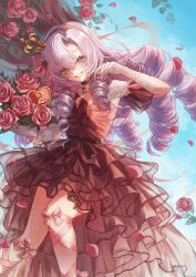 Rule 34 | 1girl, absurdres, alternate costume, bouquet, bow, choker, crown, dress, feet out of frame, flower, gloves, grin, hair bow, hairband, heart, highres, hinori (hinorinr), holding, holding bouquet, hyakumantenbara salome, lace, lace gloves, leg ribbon, light blush, long hair, looking at viewer, mini crown, nijisanji, purple eyes, purple hair, purple nails, red bow, red choker, red dress, red hairband, red ribbon, ribbon, ringlets, rose, sleeveless, sleeveless dress, smile, solo, virtual youtuber