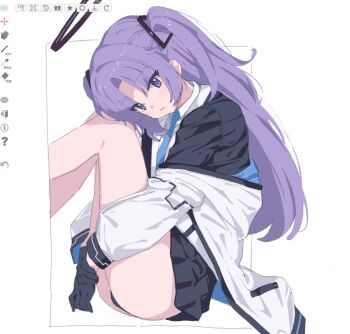 1girl art_program_in_frame black_gloves black_panties black_skirt blue_archive blue_necktie gloves halo hugging_own_legs jacket jacket_partially_removed long_hair looking_at_viewer mechanical_halo necktie okimiyage_(oitekuze_kore) panties pantyshot purple_eyes purple_hair simple_background sitting skirt solo two_side_up underwear white_background white_jacket yuuka_(blue_archive)
