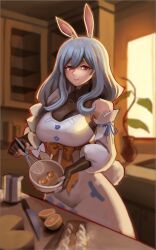 Rule 34 | 1girl, absurdres, animal ears, black bodysuit, blue hair, blue nails, bodysuit, bow, braid, braided ponytail, closed mouth, commentary, detached sleeves, dress, fingerless gloves, food, fruit, gloves, hair bow, highres, hololive, indoors, kitchen, knife, long hair, looking at viewer, mature female, multicolored hair, nail polish, nezo, orange (fruit), pekomama, rabbit ears, rabbit girl, rabbit tail, red eyes, short eyebrows, sidelocks, smile, solo, tail, two-tone hair, virtual youtuber, white bow, white dress, white hair