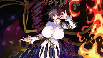 asymmetrical_wings black_background bottomless breasts button_gap cleavage_cutout clothing_cutout cowboy_shot eye_of_providence feathered_wings fire floating_rock half_mask high_collar huge_breasts iwanaga_ariya large_breasts long_sleeves mask muchin_jousha partially_unbuttoned red_eyes rock shirt skeletal_wings spine touhou white_shirt wings