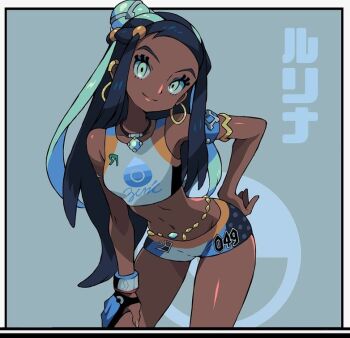 1girl bare_shoulders black_hair blue_eyes blue_hair breasts crop_top dark-skinned_female dark_skin earrings gloves jewelry looking_at_viewer multicolored_hair nessa_(pokemon) nintendo pokemon pokemon_swsh rio_chico_art single_glove sleeveless small_breasts swimsuit two-tone_hair