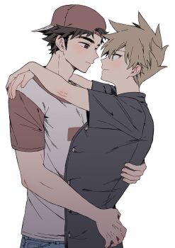 2boys arms_around_neck backwards_hat baseball_cap blue_oak brown_eyes brown_hair buttons closed_mouth collared_shirt commentary_request cowboy_shot crew_neck eye_contact hand_on_another's_back hat highres looking_at_another male_focus medium_hair multiple_boys nintendo parted_bangs pk_rgr96 pokemon pokemon_sm red_(pokemon) red_hat shirt short_sleeves sideburns simple_background smile standing t-shirt white_background yaoi