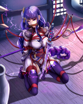Rule 34 | 1girl, absurdres, armor, arms behind back, bdsm, bianfu yeyue, blue pupils, blunt bangs, bondage, bound, bound ankles, bound arms, bound legs, bound thighs, bound torso, braid, breast bondage, cable, chinese knot, commentary request, crotch rope, electricity, engulfing lightning (genshin impact), fan hair ornament, flower ornament, full body, gag, gagged, genshin impact, glowing, hair ornament, head tilt, highres, indoors, japanese clothes, katana, kimono, kneeling, light particles, long braid, long hair, looking at viewer, looking to the side, mole, mole under eye, multicolored eyes, multicolored hair, polearm, purple background, purple eyes, purple hair, purple kimono, purple thighhighs, raiden shogun, red rope, red sash, restrained, rope, sash, seiza, shade, shadow, shibari, shibari over clothes, shoulder armor, single braid, sitting, solo, streaked hair, suspension, sword, teeth, thighhighs, tiptoes, vase, weapon, weapon on back, weapon tied to hand