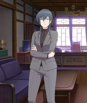 1girl black_hair black_shirt book bookshelf chandelier closed_mouth couch crossed_arms curtains day dress earrings feet_out_of_frame game_cg gem grey_dress grey_pants indoors jewelry long_sleeves looking_at_viewer medium_hair monitor office official_art pants pen pendant purple_eyes red_gemstone shirt solo souraku_yuzuki stud_earrings table third-party_source toji_no_miko toji_no_miko:_kizamishi_issen_no_tomoshibi trophy tsurime turtleneck turtleneck_shirt window wooden_floor