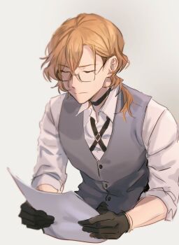 Rule 34 | 1boy, black choker, black gloves, bungou stray dogs, choker, closed eyes, closed mouth, collared shirt, cropped torso, cross tie, glasses, gloves, grey vest, holding, holding paper, male focus, medium hair, nakahara chuuya (bungou stray dogs), orange hair, paper, pigon, rectangular eyewear, shirt, simple background, solo, vest, waistcoat, white background, white shirt
