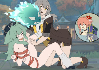 1boy 3girls ahoge bound chen_zi cirrus_(honkai:_star_rail) completely_nude green_hair grey_hair guinaifen_(honkai:_star_rail) hair_ornament highres honkai:_star_rail honkai_(series) huohuo_(honkai:_star_rail) jacket long_hair multiple_girls nude ponytail red_eyes rope saliva shibari short_hair shorts socks spread_legs stelle_(honkai:_star_rail) surprised tail_(honkai:_star_rail) thighhighs trailblazer_(honkai:_star_rail) yuri