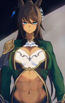 1girl abs animal_ears arms_at_sides ascot bandeau blue_eyes braid breasts brown_hair cleavage closed_mouth coat commentary dark-skinned_female dark_skin expressionless green_coat hair_between_eyes harakomeshi highres horse_ears horse_girl large_breasts long_hair long_sleeves looking_at_viewer navel single_braid solo stomach symboli_kris_s_(onyx_soldier)_(umamusume) symboli_kris_s_(umamusume) umamusume upper_body white_ascot white_bandeau