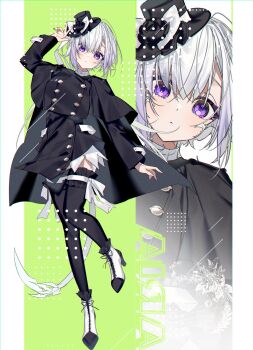 1girl au_ra black_cloak black_coat black_hat black_thighhighs boots cloak closed_mouth coat dragon_girl dragon_horns dragon_tail final_fantasy final_fantasy_xiv flower hat hat_flower high_heel_boots high_heels highres horns long_hair looking_at_viewer mini_hat mini_top_hat motsuni_(lxxe1120) purple_eyes scales solo tail thighhighs top_hat warrior_of_light_(ff14) white_hair