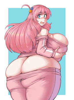 1girl ass blue_eyes blush bocchi_the_rock! breasts clothes_pull deep_skin eyebrows_hidden_by_hair fat from_behind gigantic_breasts gotoh_hitori hair_bobbles hair_ornament hand_on_own_chest highres huge_ass kittenboogers long_hair looking_at_viewer open_mouth pants pants_pull pink_hair pink_pants pink_track_suit plump solo surprised track_suit