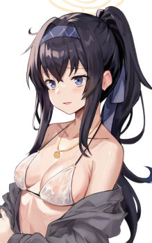 1girl adapted_costume alternate_costume bags_under_eyes bikini black_hair blue_archive blue_eyes blue_hairband blush breasts cardigan commentary_request double-parted_bangs gold_necklace grey_cardigan hair_between_eyes hairband halo highres jewelry long_hair looking_ahead messy_hair necklace nipples off_shoulder official_alternate_costume see-through_bikini see-through_clothes simple_background small_breasts solo swimsuit ui_(blue_archive) ui_(swimsuit)_(blue_archive) wet_bikini white_background white_bikini yakkom yellow_halo