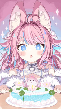 1girl :o animal_ear_fluff animal_ears bare_shoulders blue_eyes blue_hair blush braid cake commission daidai_ookami food fur-trimmed_jacket fur_trim hair_intakes highres jacket long_hair multicolored_hair original parted_lips pink_hair purple_jacket skeb_commission solo sparkle streaked_hair upper_body
