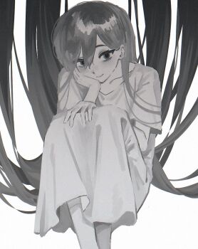 1girl bare_arms chromatic_aberration closed_mouth collarbone double-parted_bangs dress feet_out_of_frame film_grain floating_hair greyscale hair_behind_ear hair_between_eyes hair_over_shoulder hand_on_own_cheek hand_on_own_face hand_on_own_knee hand_up knees_up long_dress long_hair looking_at_viewer mari_(omori) mari_(spirit)_(omori) monochrome omori rou_(h_s_sinrin) short_sleeves simple_background sitting smile solo straight_hair very_long_hair white_background