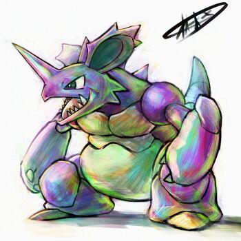 claws fangs full_body gen_1_pokemon highres horns kaosu_(kaosu0905) nidoking nintendo no_humans open_mouth pokemon pokemon_(creature) pokemon_focus sharp_teeth single_horn tail teeth