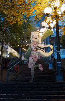 Rule 34 | ahoge, animal ears, arm up, bare shoulders, ferret ears, ferret girl, ferret tail, green eyes, green hair, green tail, highres, indie virtual youtuber, kawaiipony2, laimu (vtuber), lamp, leg warmers, long sleeves, looking back, open mouth, outdoors, overalls, pink overalls, shorts, stairs, suspender shorts, suspenders, tail, thigh strap, thighs, tree, twintails, two-tone tail, virtual youtuber, white hair, white tail