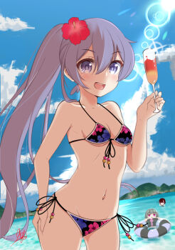 Rule 34 | :d, alternate costume, argentum 2o, beach, bell, bikini, blue sky, blush, breasts, cloud, cloudy sky, collarbone, commentary request, cowboy shot, crab, cup, day, drinking glass, drinking straw, floral print, flower, front-tie top, hair between eyes, hair flower, hair ornament, hand on own hip, hibiscus, jingle bell, long hair, looking at viewer, multiple girls, navel, ocean, ongeki, open mouth, outdoors, pink hair, ponytail, purple eyes, purple hair, side ponytail, signature, sky, small breasts, smile, solo focus, standing, swimsuit, takase rio, takase rio (swimsuit), tan, tropical drink, very long hair, water