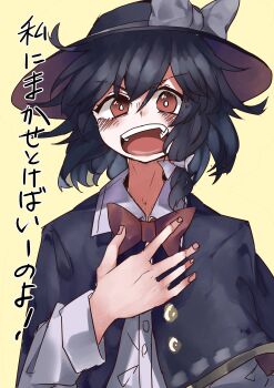 1girl absurdres black_capelet black_hair black_hat bow bowtie capelet collared_shirt dress_shirt grey_bow hair_between_eyes hair_bow hat hat_bow highres long_sleeves muraryo open_mouth red_bow red_bowtie red_eyes red_nails shirt short_hair simple_background sleeve_cuffs solo teeth touhou translated upper_teeth_only usami_renko white_shrit yellow_background