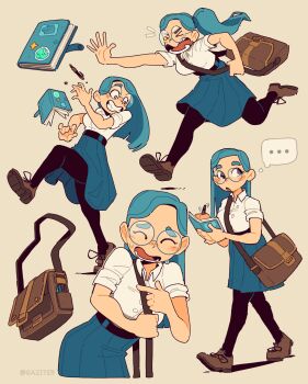 Rule 34 | ..., 1girl, absurdres, backpack, bag, blue hair, brown footwear, closed eyes, gaziter, glasses, highres, multiple views, original, pantyhose, school bag, shirt, shoulder bag, skirt, spoken ellipsis